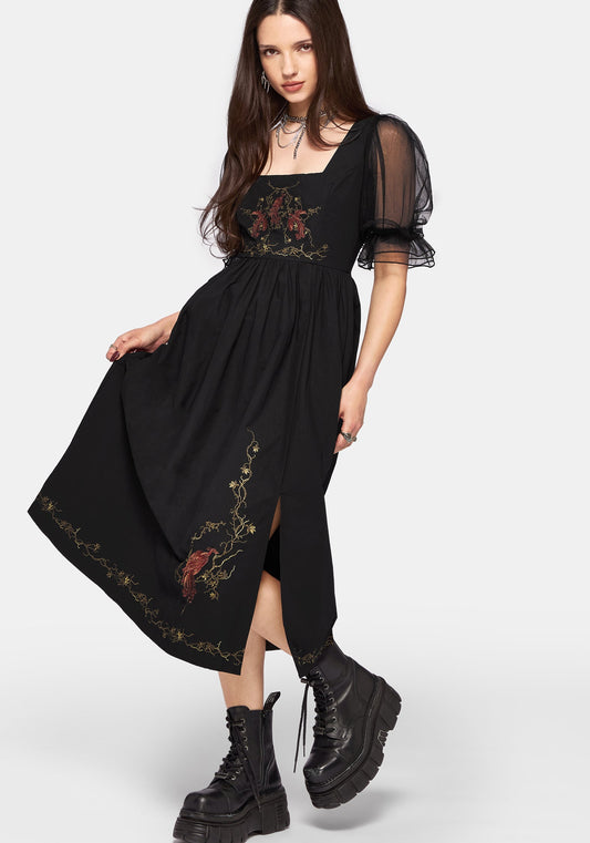 Phoenix Cotton Embroidered Puff Sleeve Midi Dress