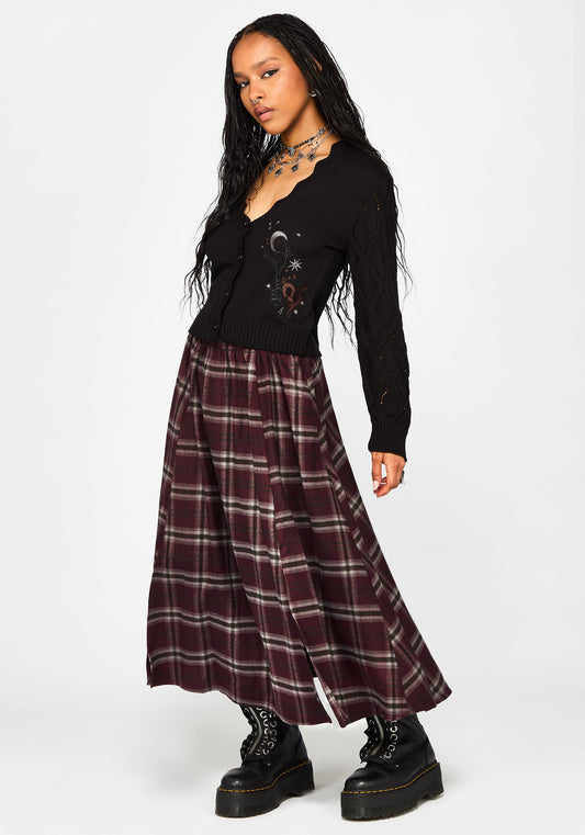 Nightingale Buckled Check Midi Skirt - Burgundy