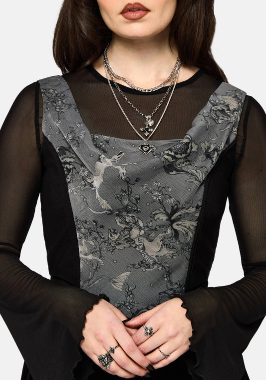 Merunicorn Enchanted Forest Print Chiffon Cowl Corset Top