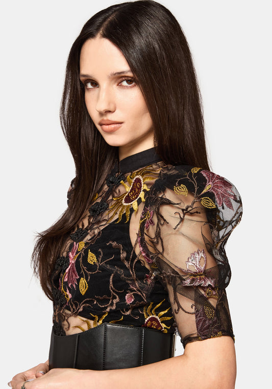 Angela Folk Embroidered Black Blouse