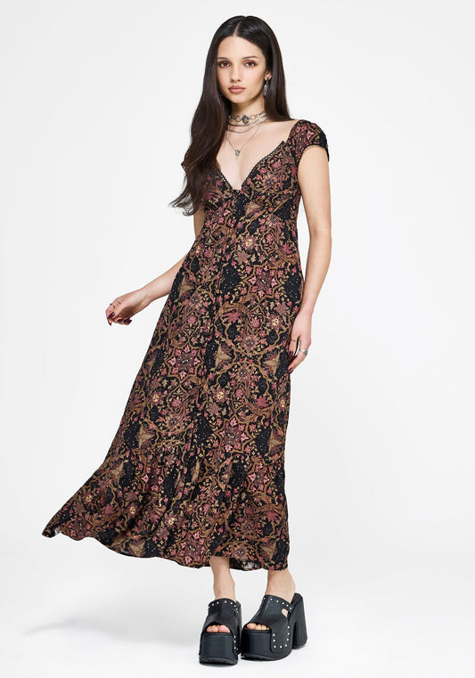 Mythos Print Milkmaid Smock Midaxi Dress