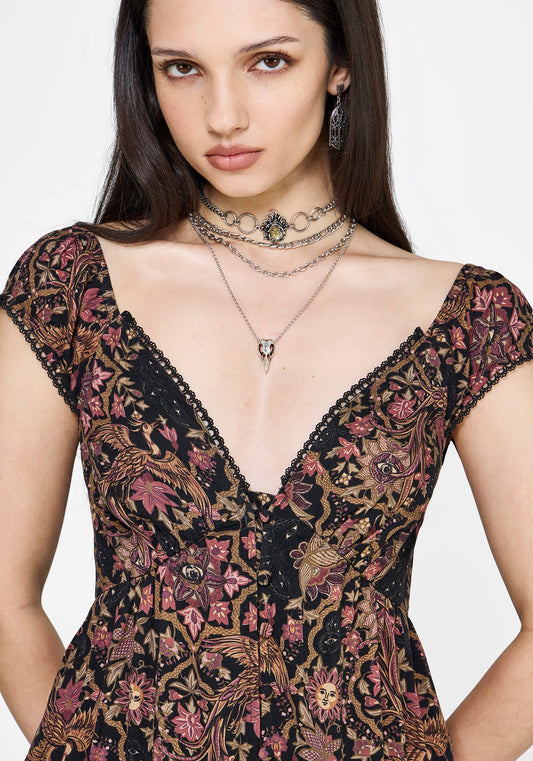 Mythos Print Milkmaid Smock Midaxi Dress