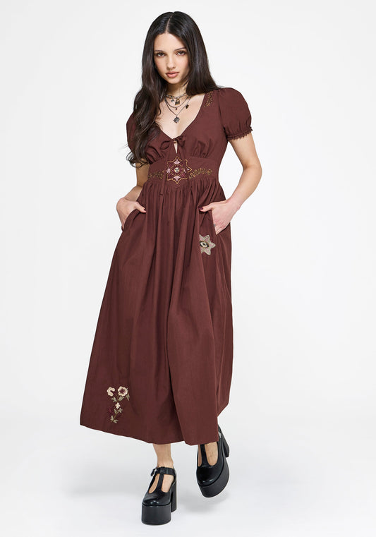 Arianwen Embroidered Puff Sleeve Midaxi Dress - Rust