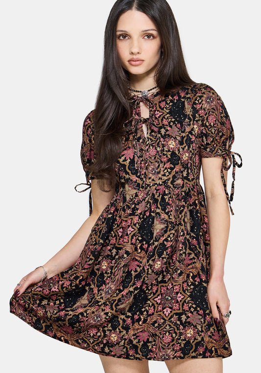 Mythos Print Tie Front Mini Dress
