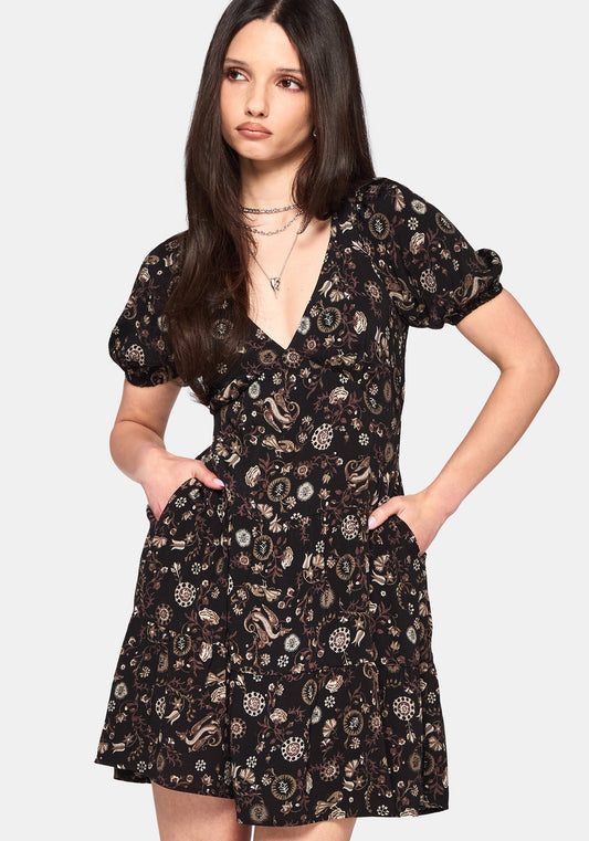 Sylra Ditsy Folk Print Tie Back Tiered Mini Dress