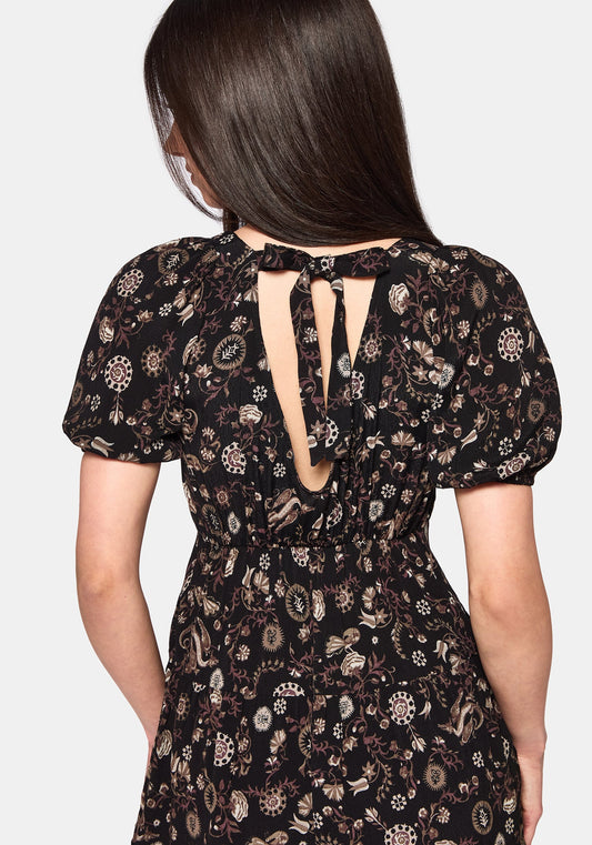 Sylra Ditsy Folk Print Tie Back Tiered Mini Dress