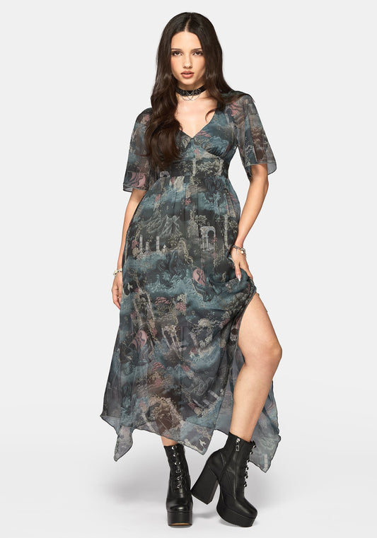 Thalassa Print Lace Up Midaxi Dress