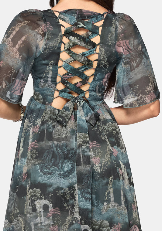 Thalassa Print Lace Up Midaxi Dress