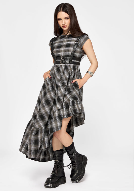 Noemi Check Asymmetric Ruffle Maxi Dress