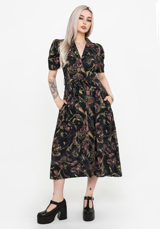 Dionaea Flytrap Print Button Up Midi Shirt Dress