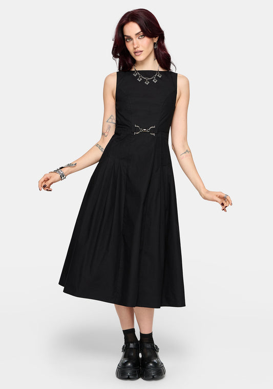 Cissa Buckle Front Pleated Midi Dress