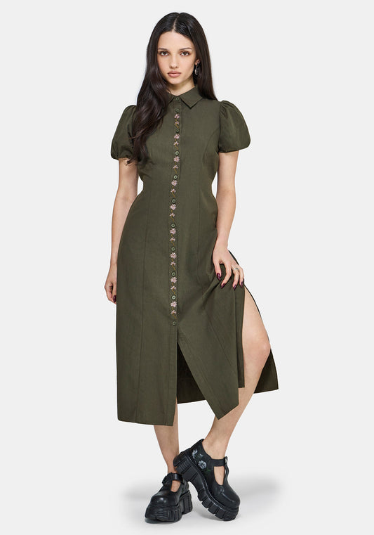 Odile Embroidered Button Down Tie Waist Midaxi Dress