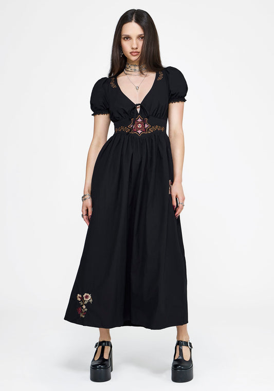 Arianwen Embroidered Puff Sleeve Midaxi Dress - Black