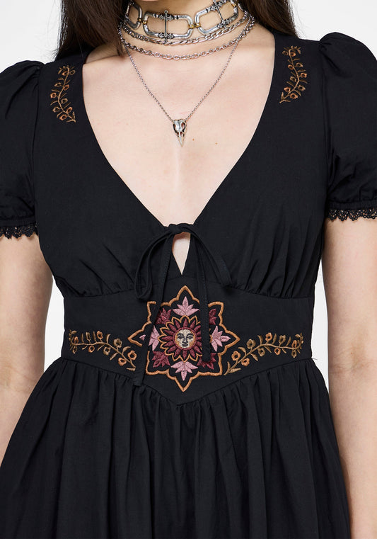 Arianwen Embroidered Puff Sleeve Midaxi Dress - Black