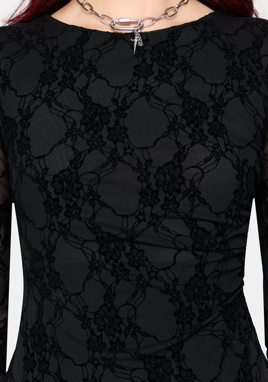Melantha Flocked Mesh Lace Print Midaxi Dress