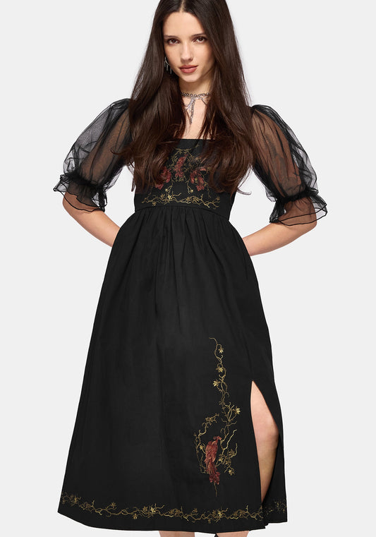 Phoenix Cotton Embroidered Puff Sleeve Midi Dress