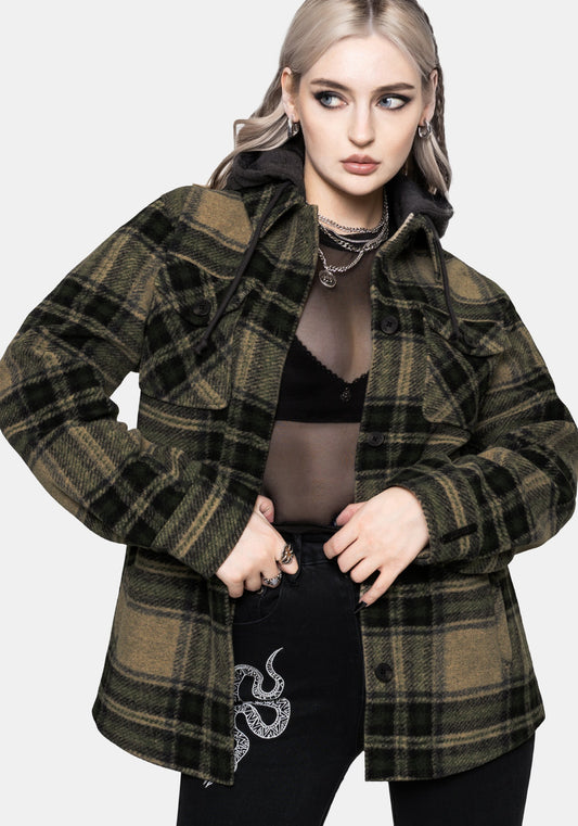 Trellis Lightweight Hooded Pocket Check Shacket - Green
