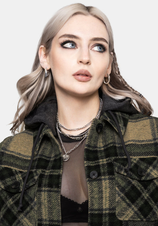 Trellis Lightweight Hooded Pocket Check Shacket - Green