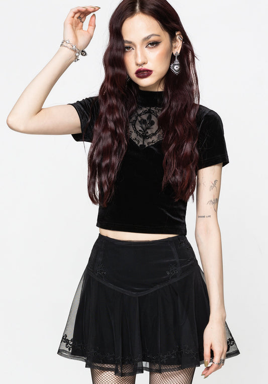 Trixie Velvet Fishnet Embroidered Mini Skirt
