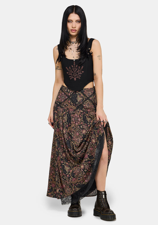 Mythos Print Lace Detail Midaxi Skirt