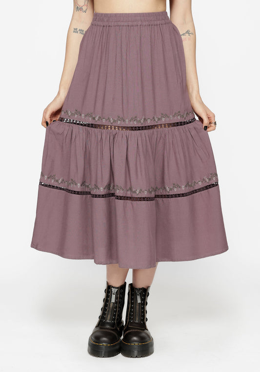 Solis Skull Embroidered Linen Midi Skirt
