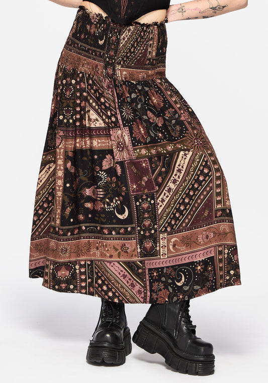 Nola Folk Patchwork Print Shirred Midi Skirt