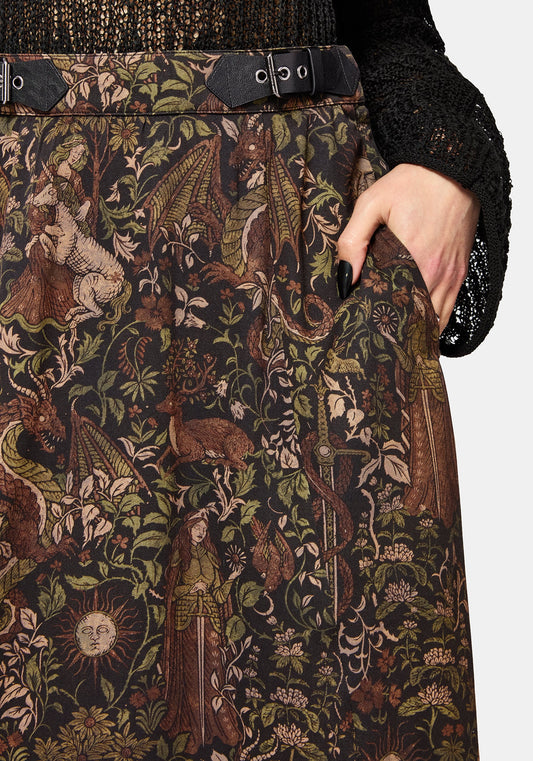 Haunt Medieval Print Buckle Midi Skirt