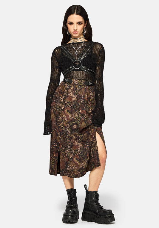 Haunt Medieval Print Buckle Midi Skirt