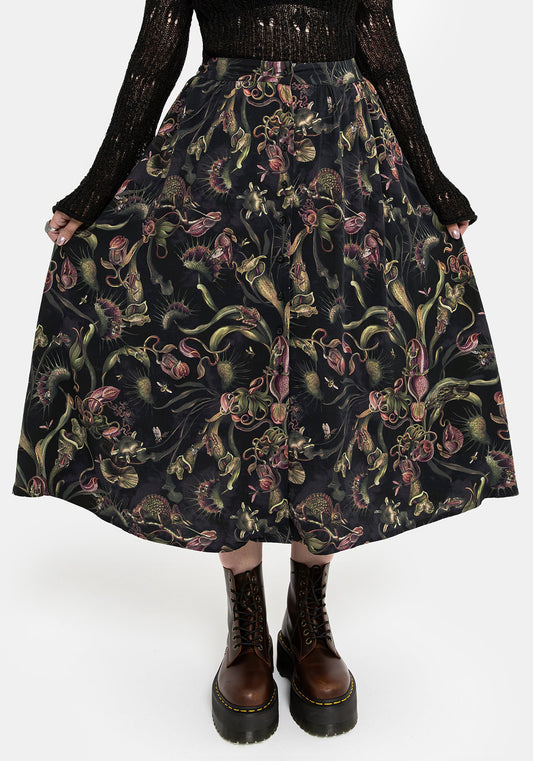 Dionaea Flytrap Print Viscose Midi Skirt