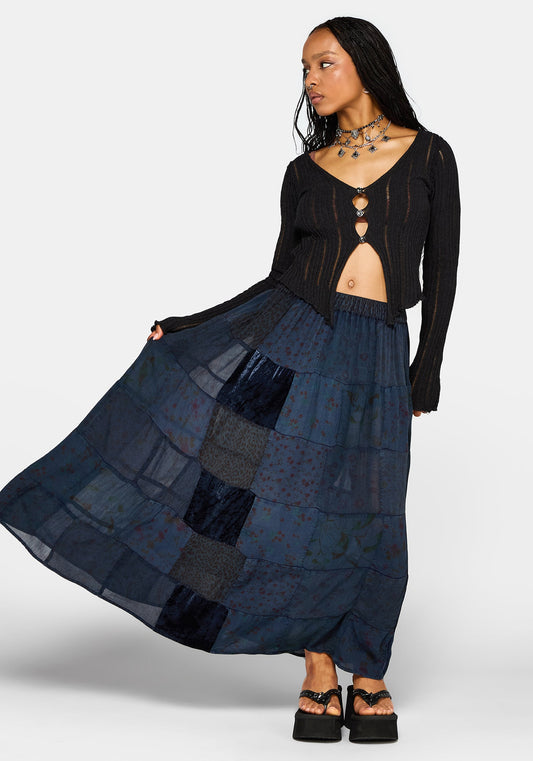 Mabel Floral Printed Patchwork Skirt - Navy