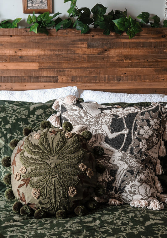 Foliate Embroidered Pom-Pom Round Cushion