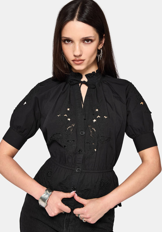 Posy Embroidered Tie Neck Blouse
