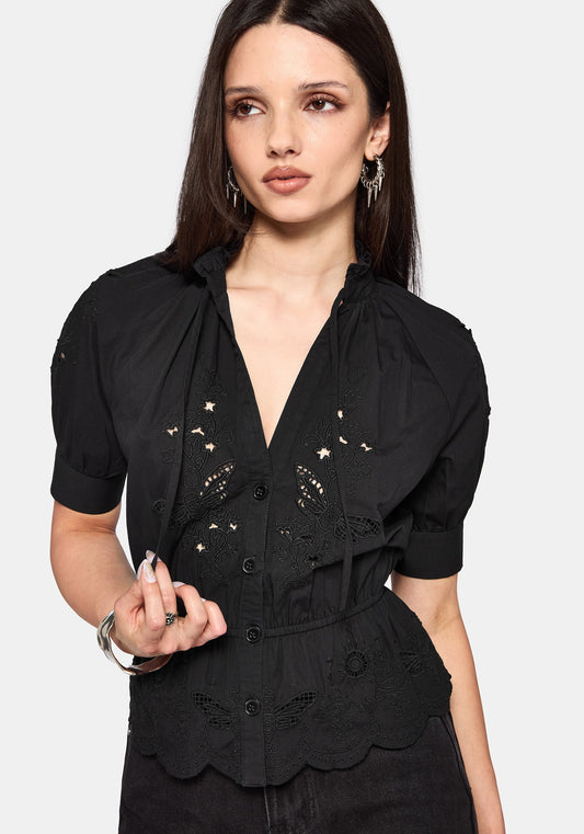 Posy Embroidered Tie Neck Blouse