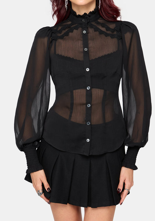 Zia Chiffon Sheer Lace Trim Shirt