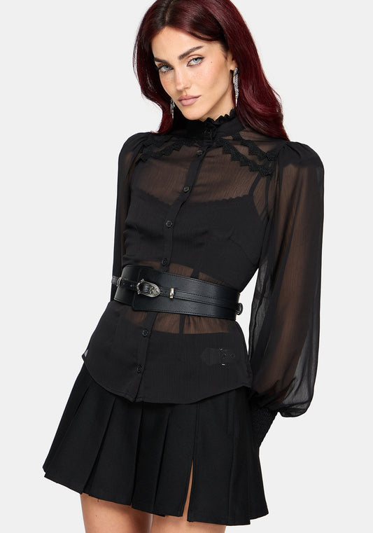 Zia Chiffon Sheer Lace Trim Shirt