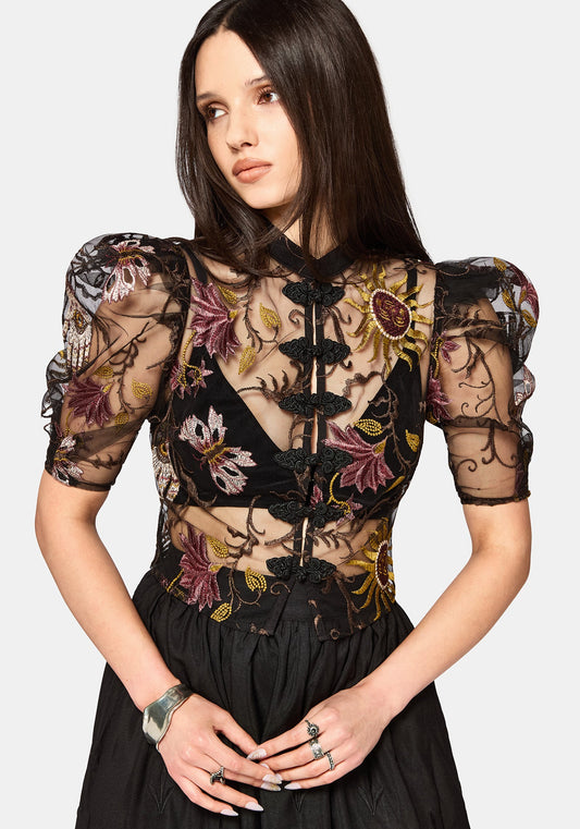 Angela Folk Embroidered Black Blouse