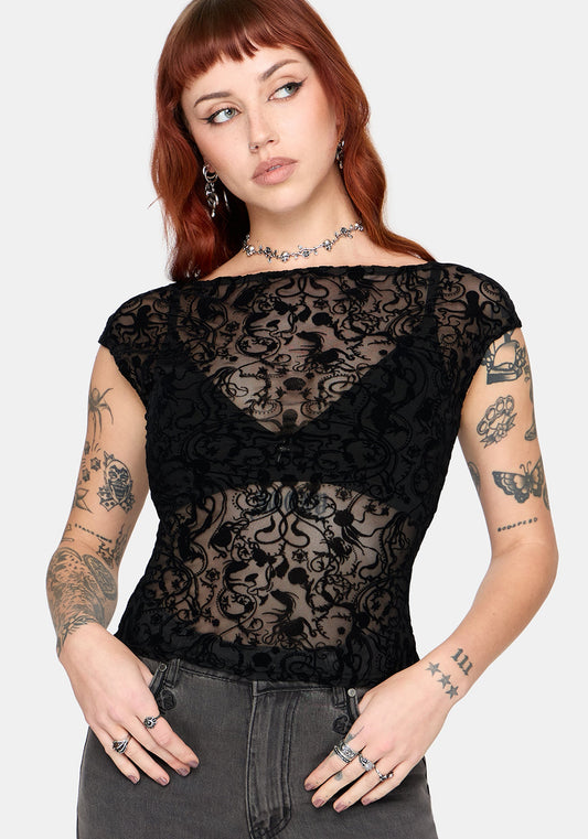 Drakona Cap Sleeve Mesh Flocked Top